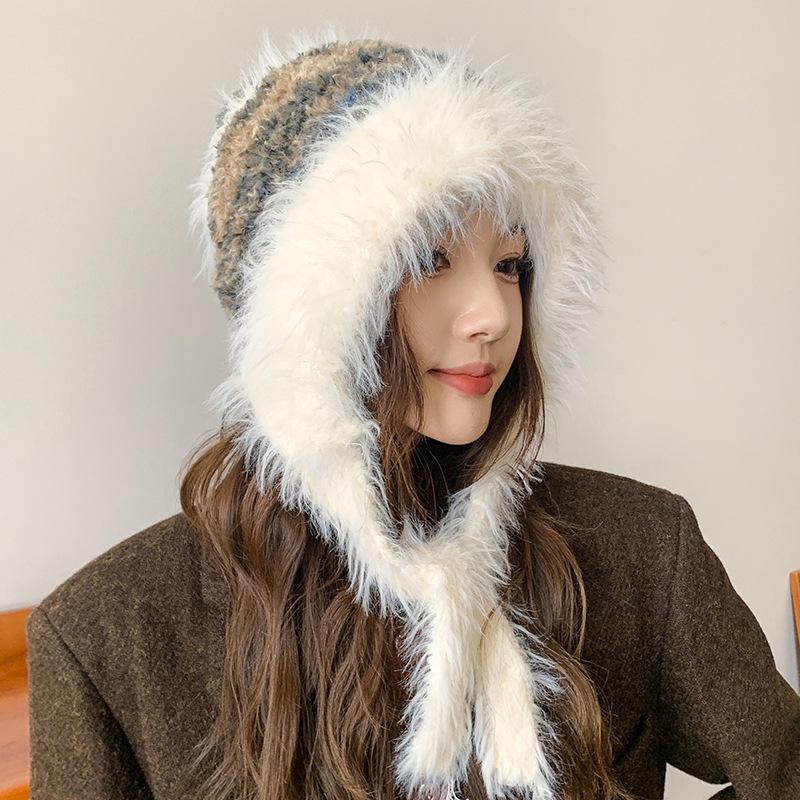 Autumn and Winter New Warm Furry and Cute Ear Protection Hat for Women with Dopamine Straps Korean Style Lei Feng Plush Hat To Keep Out The Cold