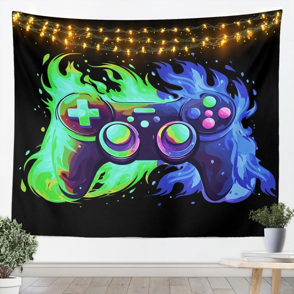 Flame Gaming Controller Tapestry, Black Background with Colorful Controller Pattern for Boys' Bedroom and Gamer Room Decor
