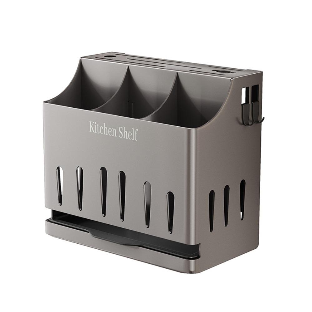 

With Drain Tray Cutlery Holder Stainless Steel Spoon Fork Organizer Cutter Storage Rack Countertop No Sticky Hook серый