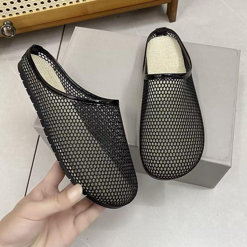 Women's Summer Baotou Mesh Flat Sole Slippers Soft sole Non Slip Breathable Outdoor Half Slippers Lazy Slippers Sandals