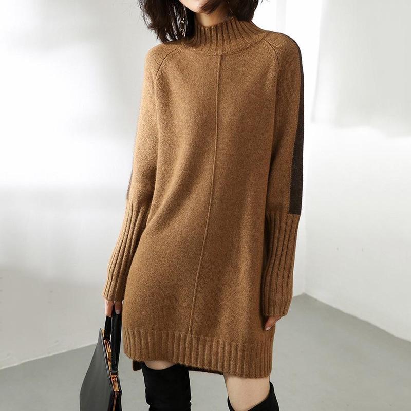 Women's Mid-Length Knitted Wool Sweater Dress with Half-High Neck and Slit – Fashionable and Loose for Autumn and Winter.