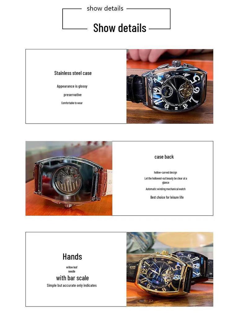 Men's Waterproof Barrel-Shaped Mechanical Leather Watch - Unique Design for Stylish Men