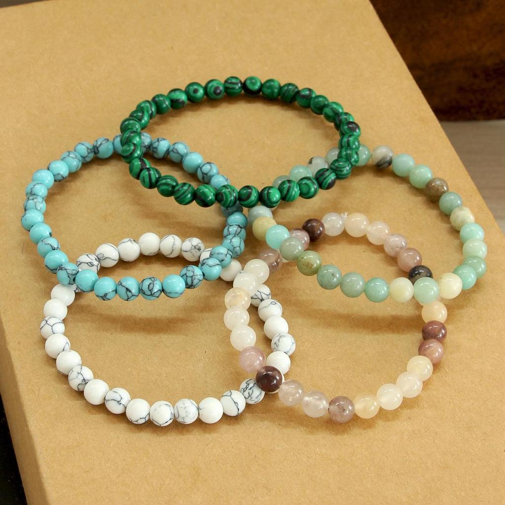 European 6mm Natural Agate Crystal Beaded Bracelet - Handmade Elastic Cord Jewelry for Women