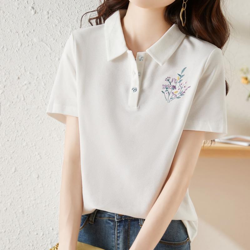 Letní nová špičková vyšívaná květina ins trendy tričko s klopou s krátkým rukávem dámské krátké svrchní oblečení s pololímečkem s pololímečkem