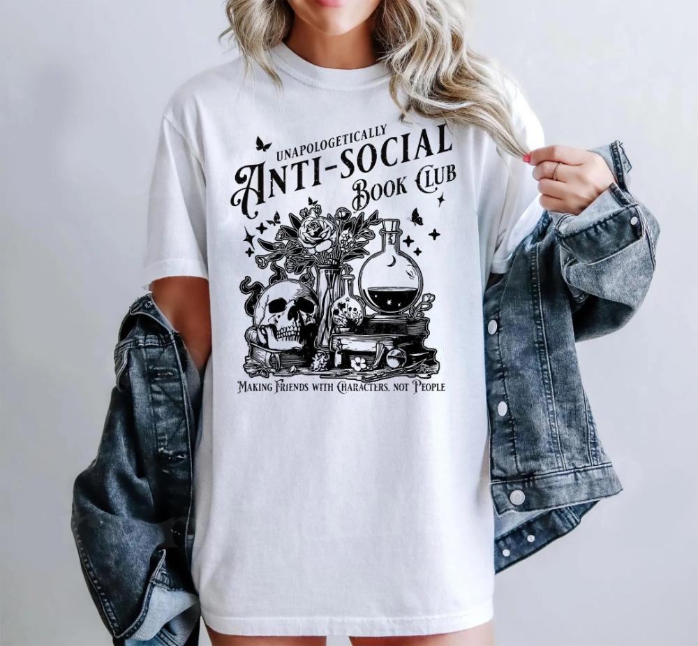 

AntiSocial Book Club TShirt Introverted Reader Vintage Style Graphic Tee Unisexs Womens Short Sleeve TShirt Half Sleeve Top 4XL