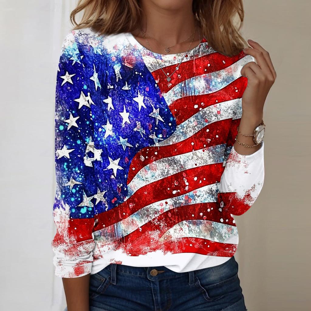 Damen Casual Langarm Rundhals Oberteil Unabhängigkeitstag Blumenprint Leichter Pullover für den Alltag