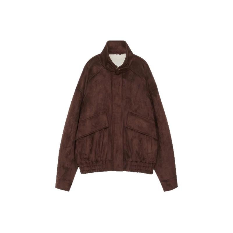 Womens Vintage Faux Suede Pilot Jacket Stand Collar Pocket Thick Short Coat Streetwear
