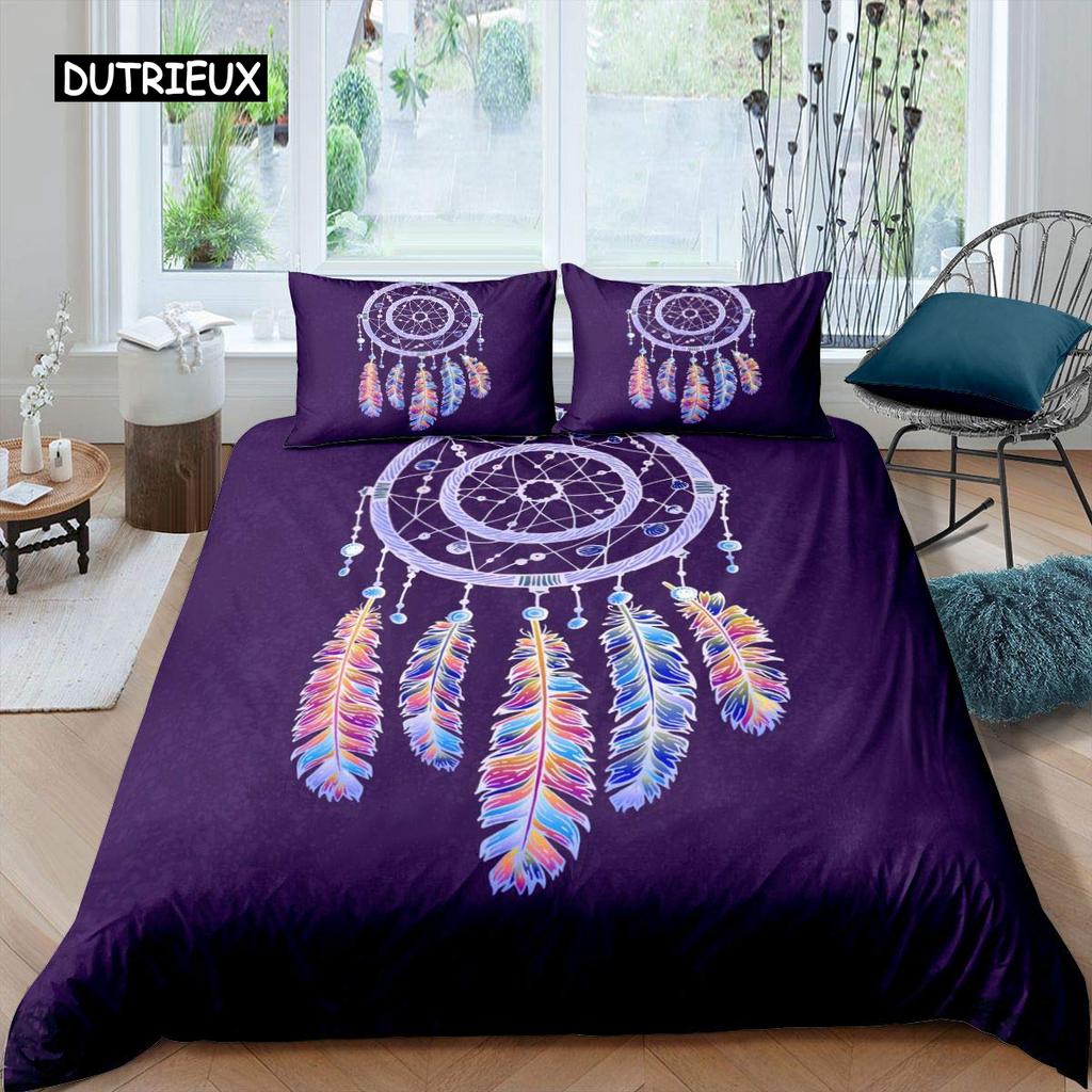 Purple Dream Catcher Duvet Cover Set Bohemian Feather Dream Catcher Bedding Set Microfiber Exotic Ethnic Style King Quilt Cover