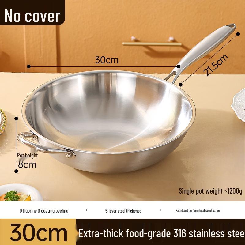 WUHE 30cm 316 Stainless Steel Flat-Bottom Wok