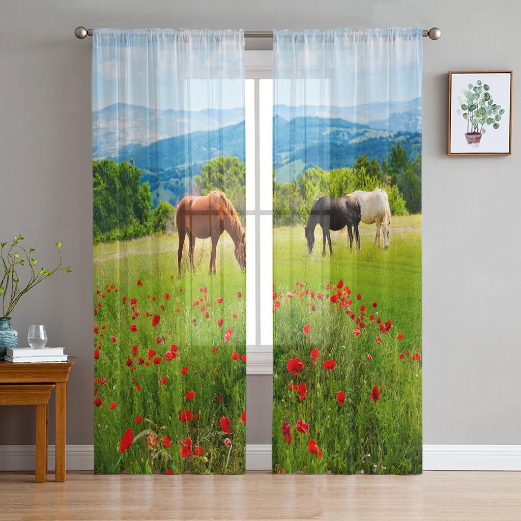 Animal Horse Watercolor Painting Tulle Curtains for Living Room Bedroom Decoration Chiffon Sheer Voile Kitchen Window Curtain