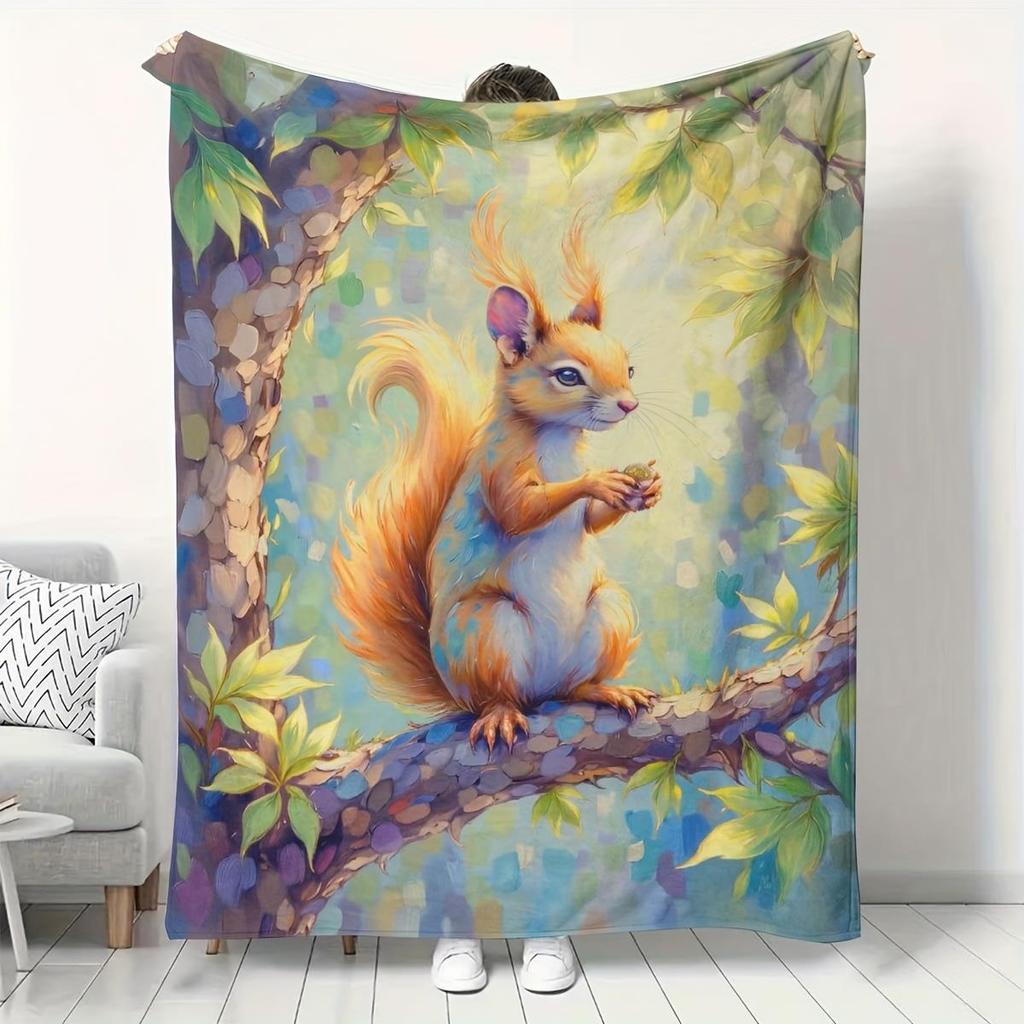 Cute cartoon squirrel Flannel printed blanket pillowcase suitable all seasons suitable for living room office sofa and travel