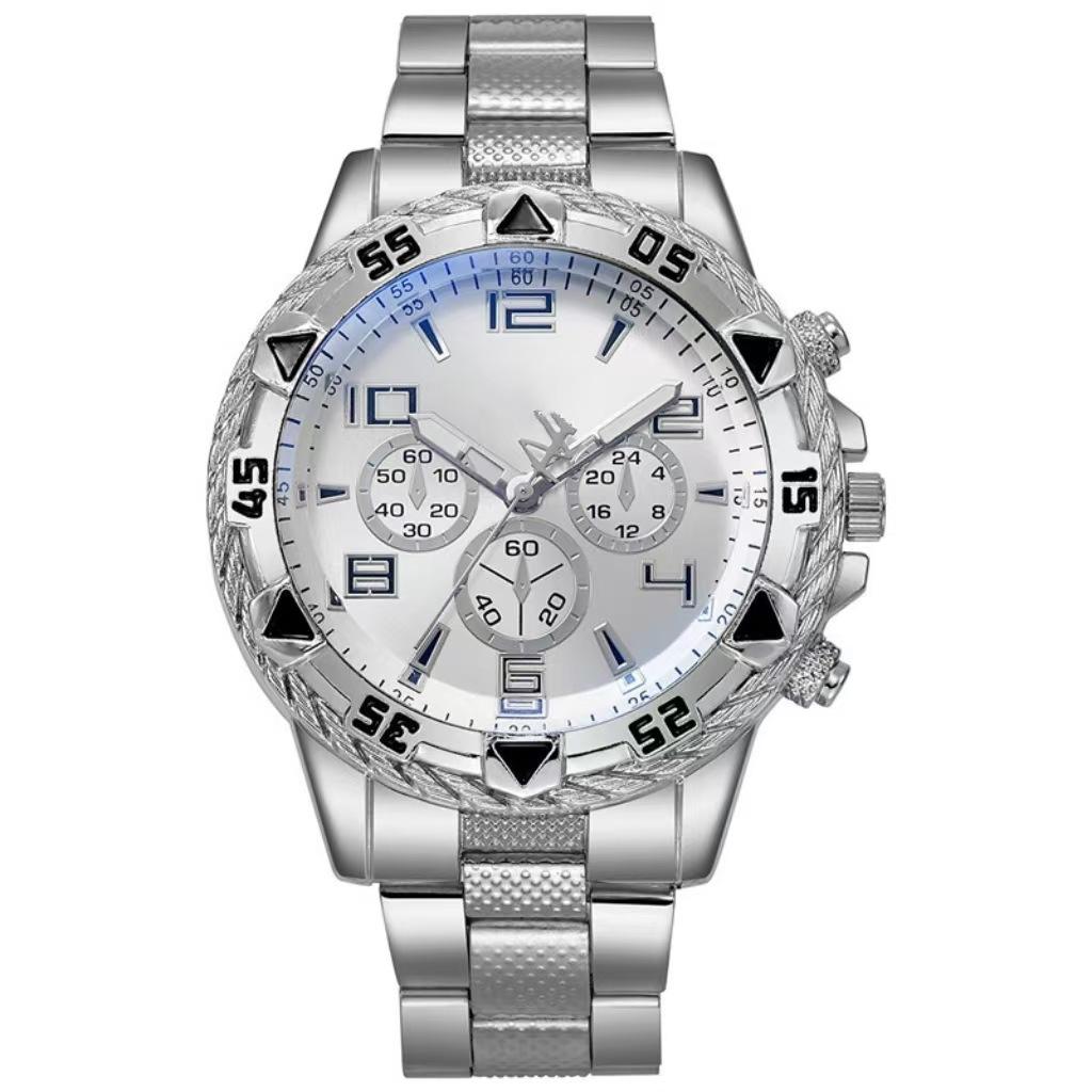 Men'S Watch Steel Belt Quartz Watch False Three-Eye Blue Light Large Dial Business Fashion Men'S Watch