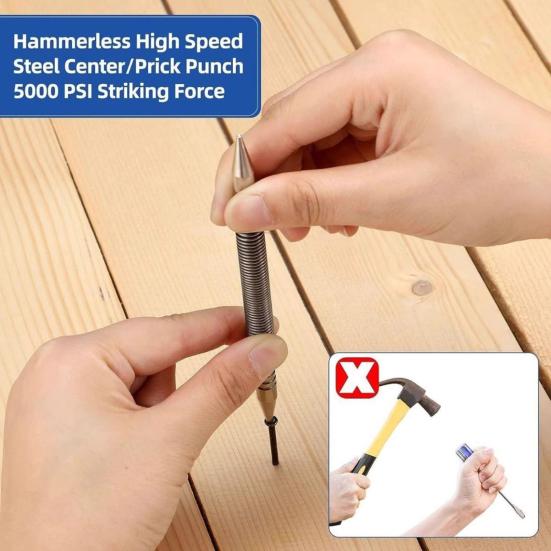 Dual Head Spring Nail Set Hinge Pin Punch Tool 3500 PSI Impact Hammerless Design Durable Steel Construction Wood/Metal/Glass Marking Removal