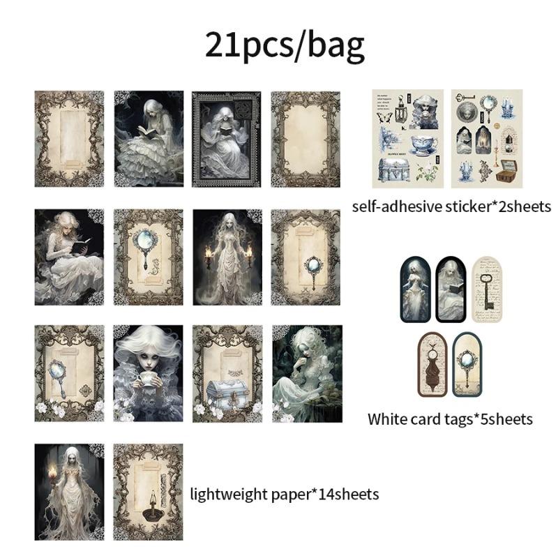 4Style 21Pcs/box Dark Fairy Tale Series Material Pack DIY Handbook Bookmark Scrapbook Photo Frame Calendar Card Envelope Journal