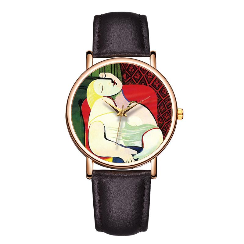 Temperament Ladies Quartz Watch Abstract Style Oil Painting Roman Numerals Genuine Leather Waterproof Quartz Wristwatch