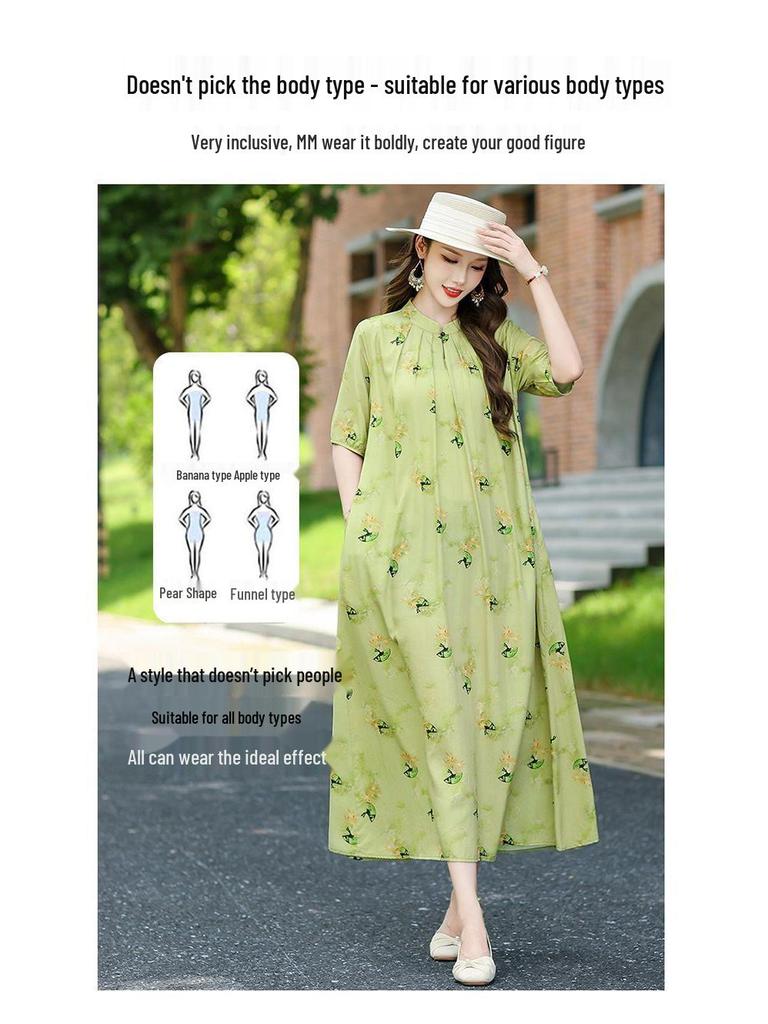 Kwiatowa Sukienka Midi Plus Size z Bawełny i Jedwabiu na Lato - Elegancki Chiński Styl