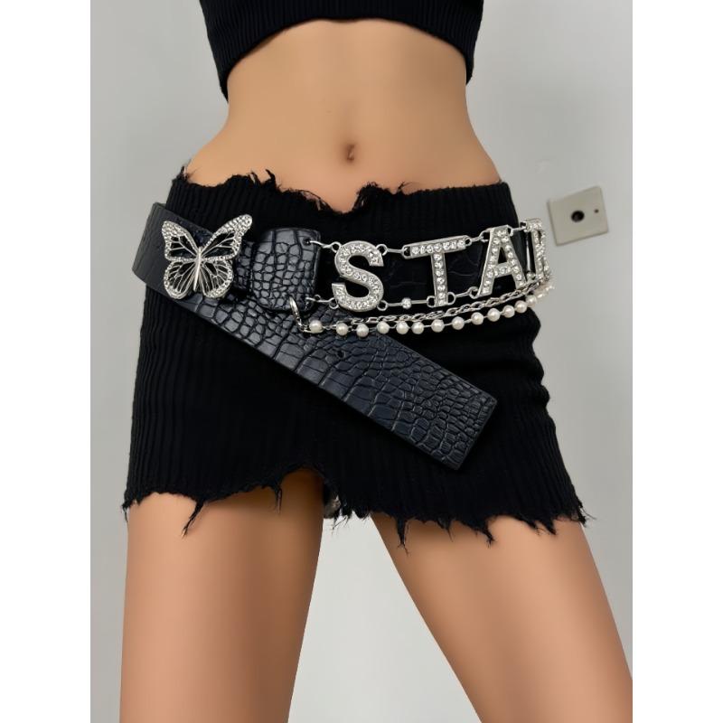 

Black Butterfly Sparkling Diamond Belt, Women s Accessory, Letter Water Diamond Bling Pearl Belt 110cm