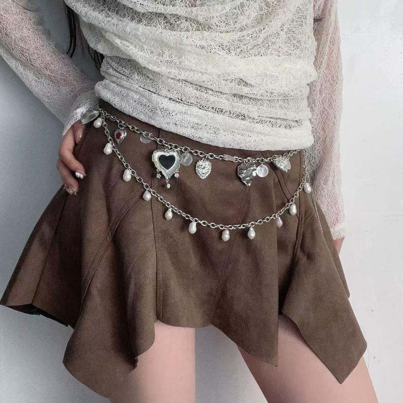 Double Layer Heart Pearl Waist Chain Vintage Silver Metal Belly Chain For Women Y2K Skirt Pants Accessory
