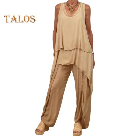 Two Piece Outfits for Women Casual Sleeveless Irregular Top Wide Leg Pants Set Loose Lounge Suit for Summer