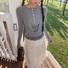 Korean Retro Fake Two-Piece Long-Sleeve T-Shirt, Flattering Swing Neck Button-Up for Women - Spring/Autumn Slim Fit