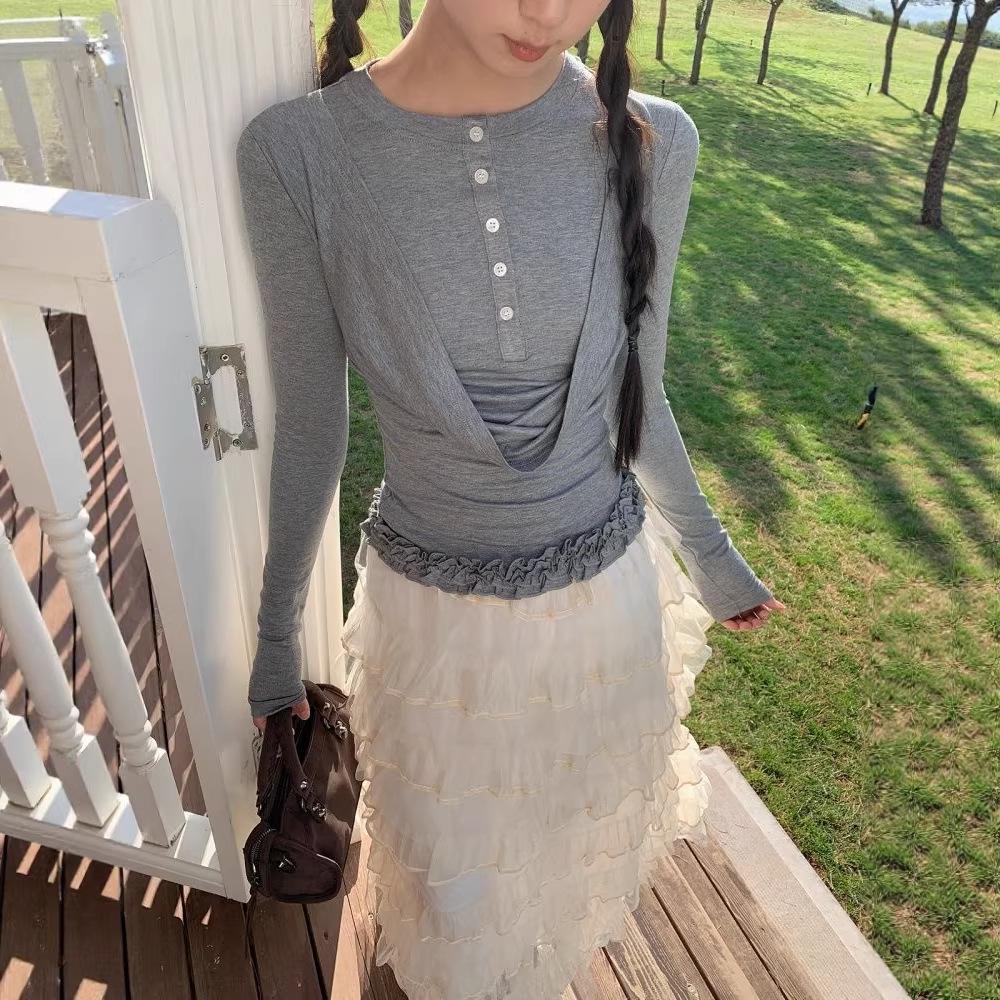 Korean Retro Fake Two-Piece Long-Sleeve T-Shirt, Flattering Swing Neck Button-Up for Women - Spring/Autumn Slim Fit