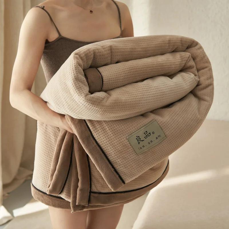 Winter Waffle Milk Fleece Blanket Thickened Office Nap Sofa Blanket Shawl Blanket Coral Bedding Zipper Multifunctional