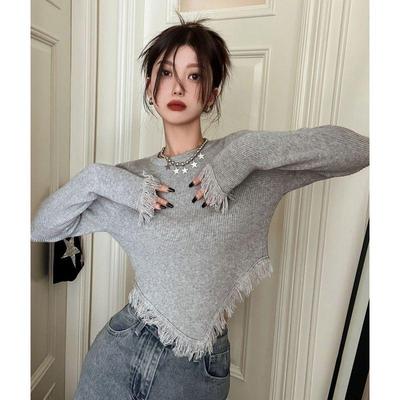 Top da donna autunno/inverno con design a nappe, girocollo, maniche lunghe, vestibilità slim
