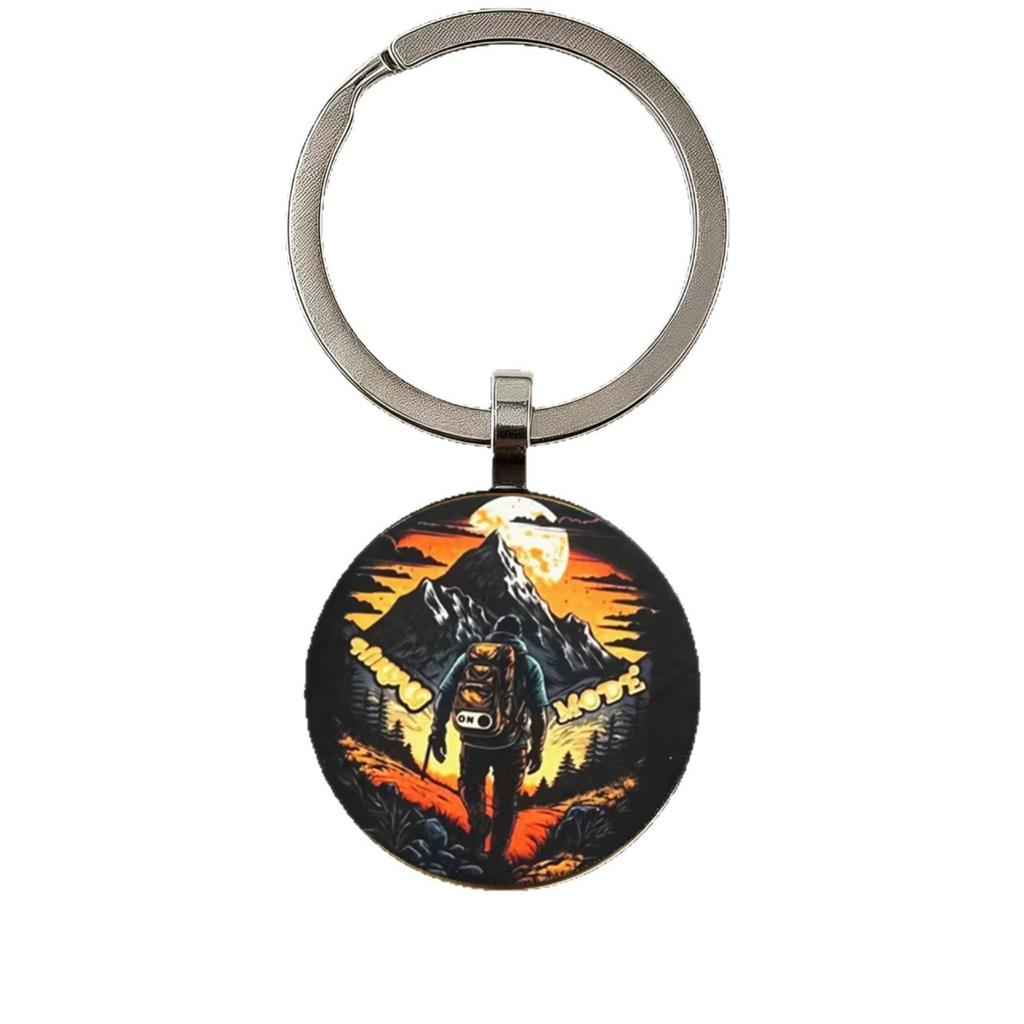 Round Alloy Keychain Pendant with Mountain and Backpacker Print Durable Metal Key Ring for Everyday Use