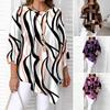Women Tops Three-Quarter Sleeve Round Neck Abstract Print Tee Tops Loose Fit Irregular Hem Summer Leisure Blouse