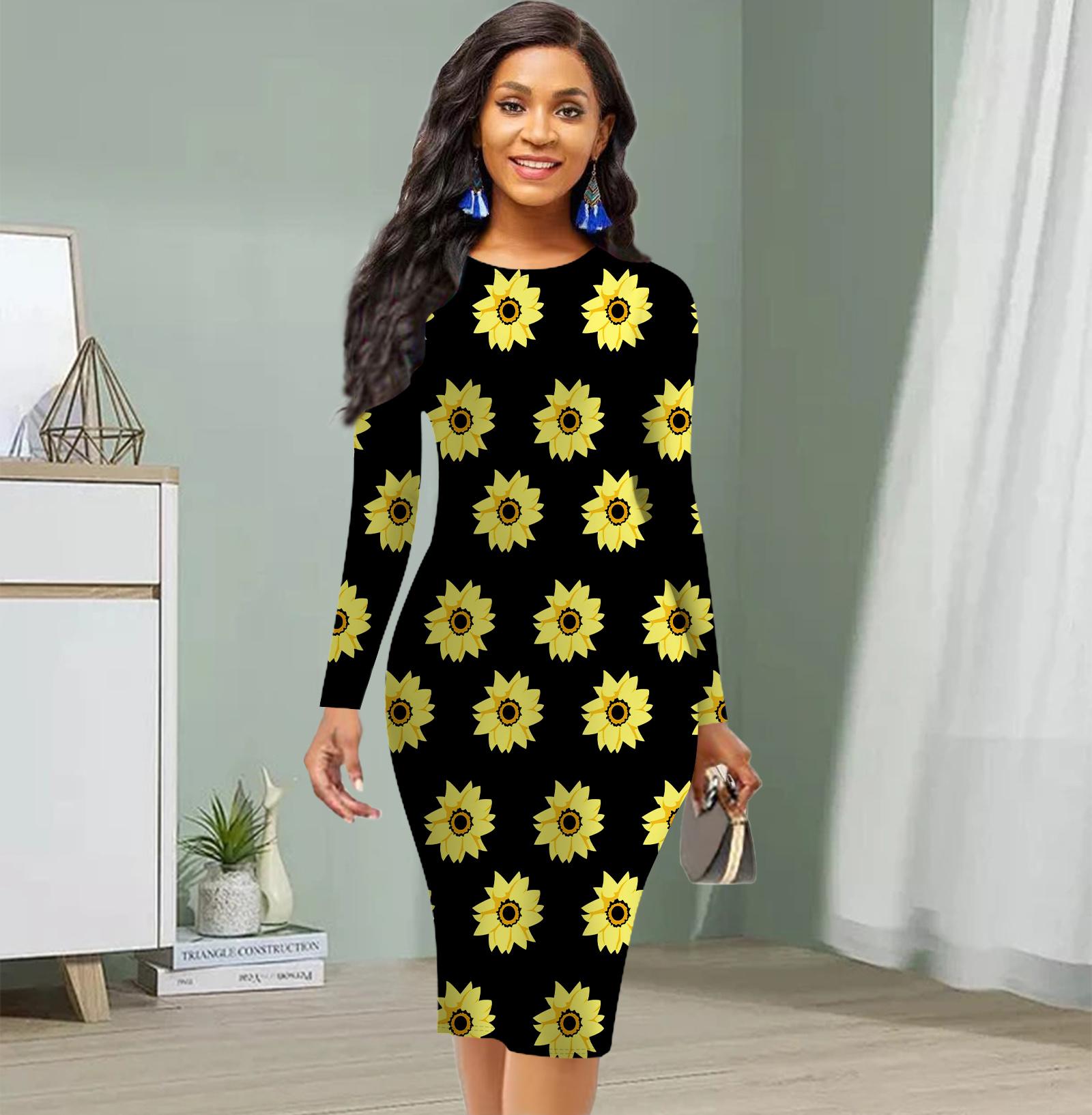 Длинный рукав, облегающее, офисное, облегающее, с принтом подсолнухов, элегантное облегающее платье XS жёлтый