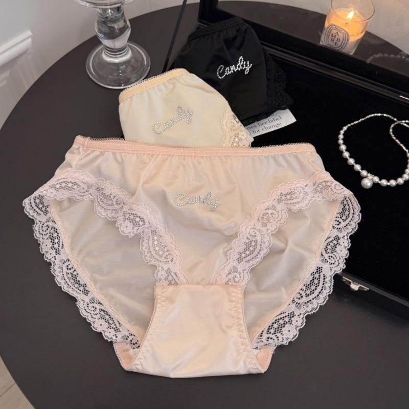 Damen Sommer Satin Stickerei Spitze Hautfreundlich Atmungsaktiv Tasche Hüfte Mittlere Taille Dreieck Slip