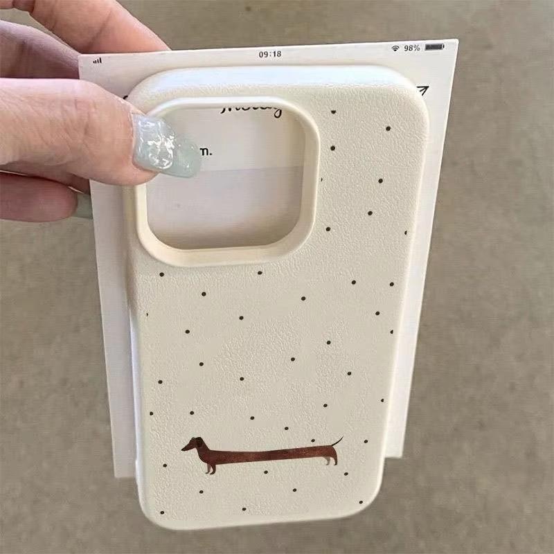 Black Polka Dot Sausage Dog Lychee Texture Phone Case For iPhone 17 Air 16 E 15 14 13 12 11 Pro Max Plus SE Soft Cover
