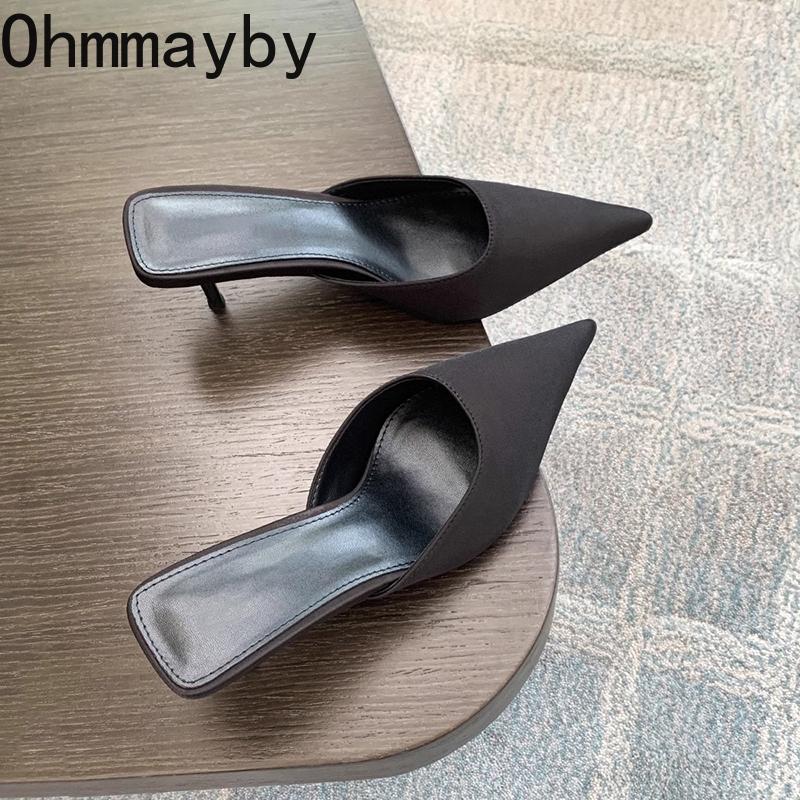 

2025 Spring Summer High Heel Women Mules Slippers Shoes Fashion Cover Toe Slip On Slides Sexy Club Stripper Shoes 42 чорний