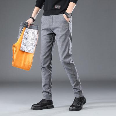 Autumn And Winter Men'S Regular/Plush Thick Cotton Linen Casual Dark Slim Fit Small Foot Elastic Brushed Versatile Long Pants