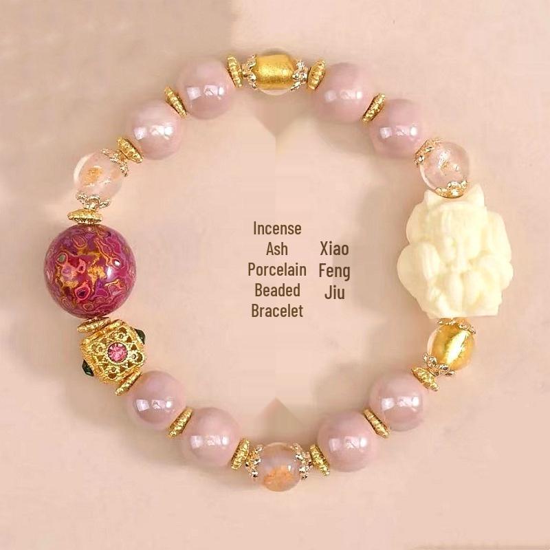 Gray Pink Macaron Ceramic Beads Nine-Tailed Fox Bracelet with Ash Glaze and Gold Foil