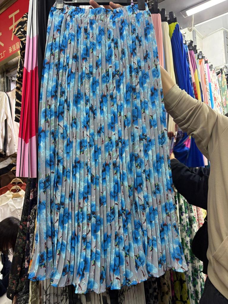 European & American Pleated Print Midi Skirt, Soft Chiffon Fabric, High Waist, Versatile Style