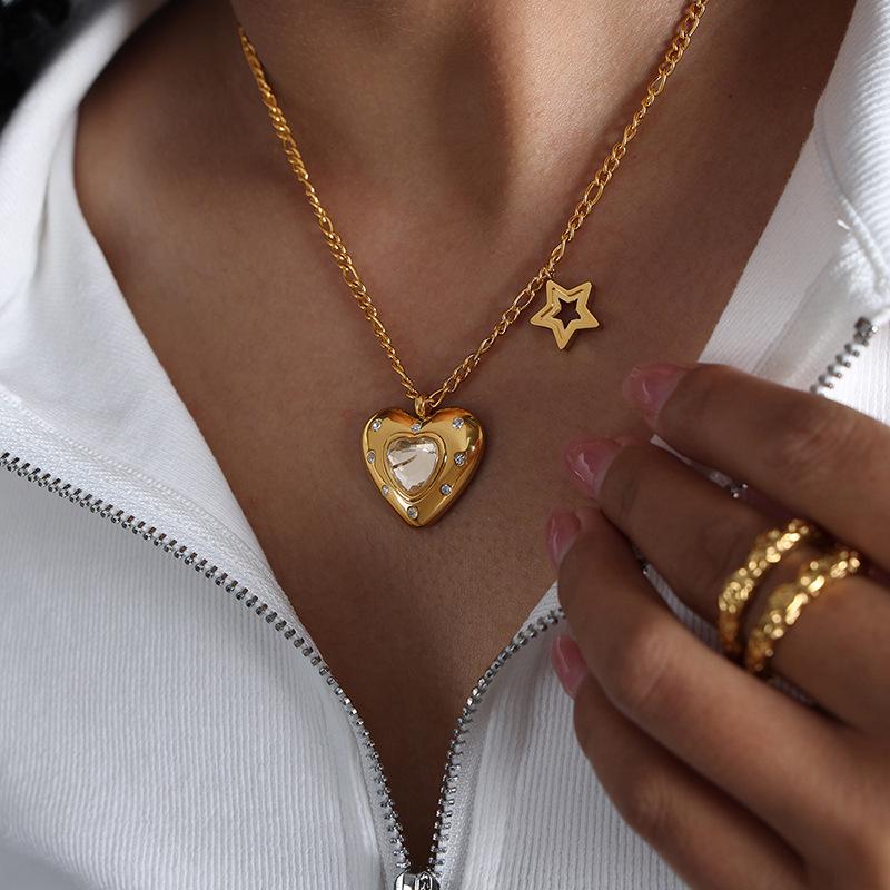 

Gradient Glass Stone Heart Pendant Titanium Steel Necklace for Women - Clavicle Chain, Non-Fading Fashion Jewelry