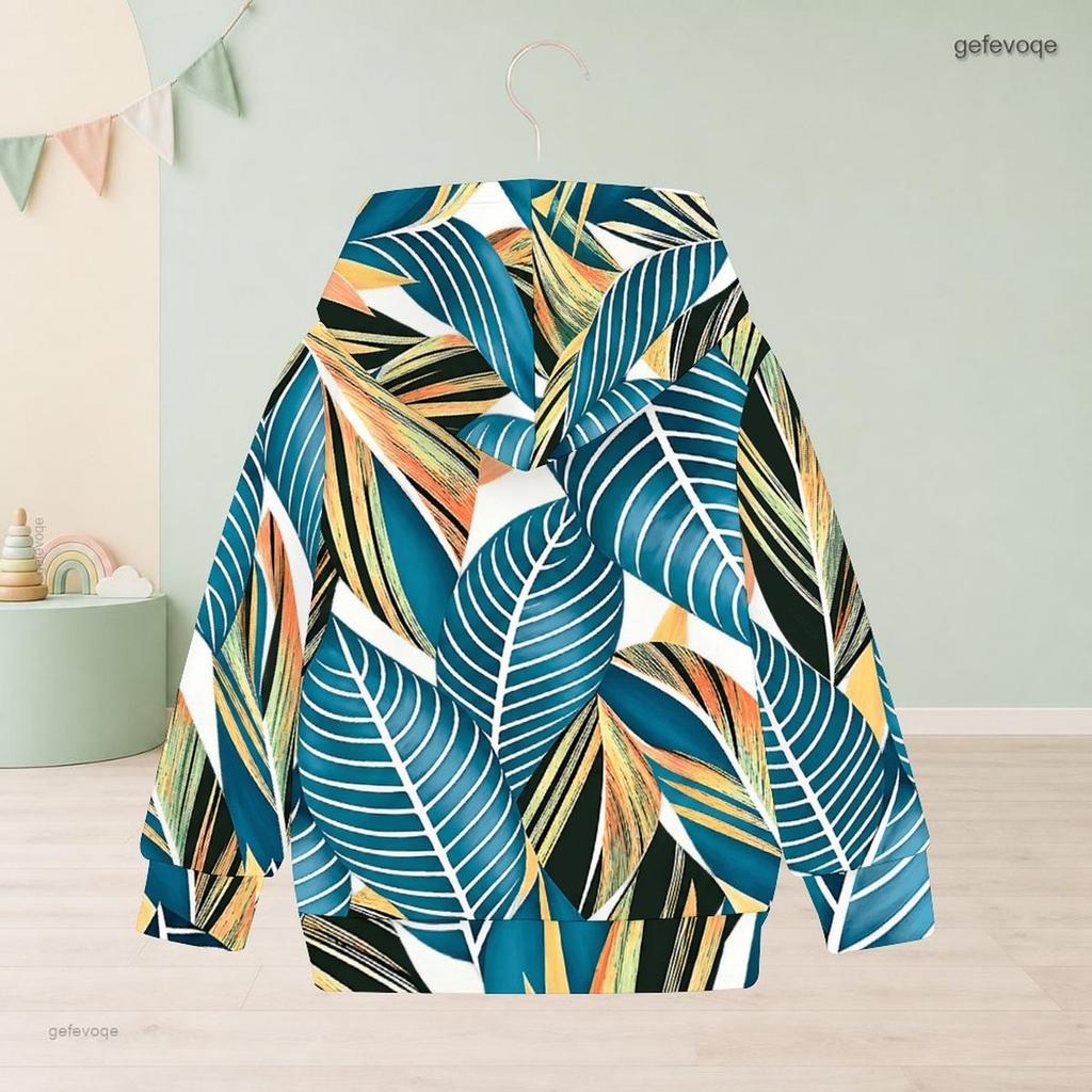 Girls Long Sleeve Hooded Sweatshirt Green Blue Leaf Printed Pullover