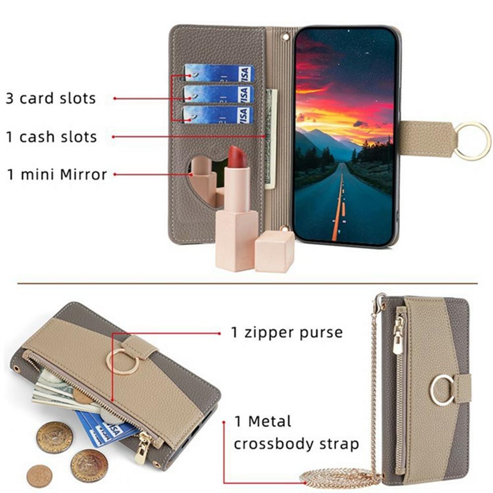 For Motorola Moto G35 5G Case Mirror Wallet Leather Phone Cover with Chain Shoulder Strap