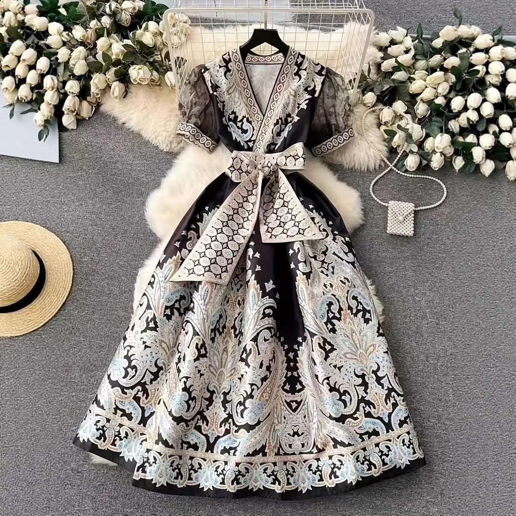 2026 European and American women's clothing, summer printing V-neck mesh bubble sleeve splicing skirt Bohemian strap dress
