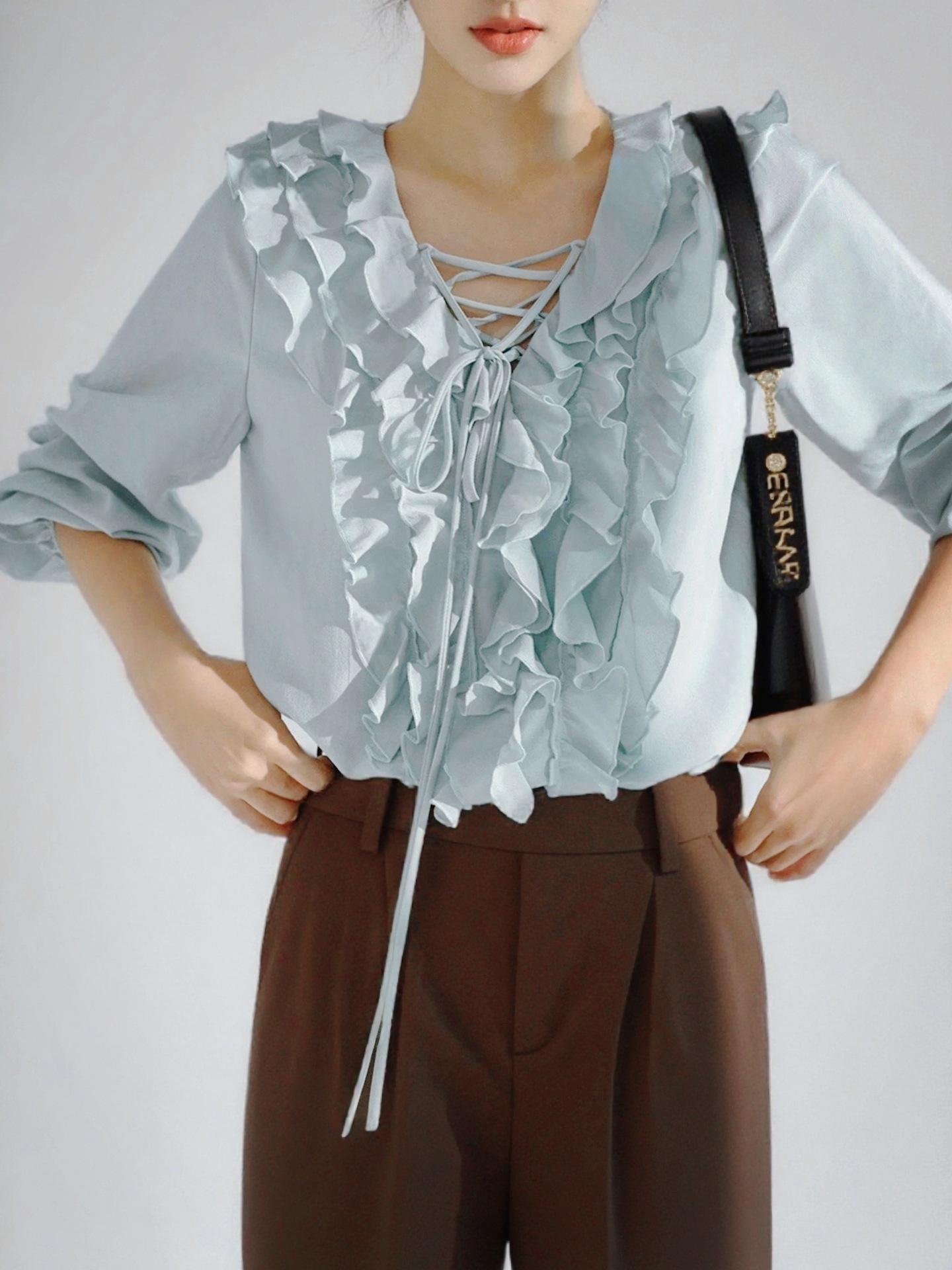Women s V Neck Long Sleeve Blouse Regular Fit Ruffle Tie Front Casual Shirt SIZE синий