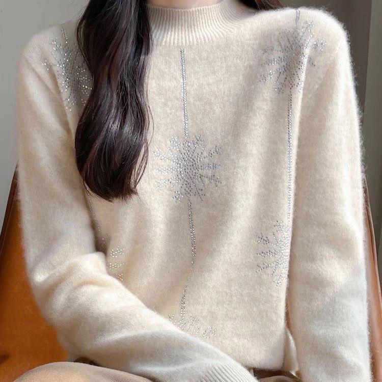 Women Sweater Christmas Style Half High Collar Long Sleeve Autumn Winter Thick Warm Pullovers Knitted Loose Bottoming Shirts Red Jumper