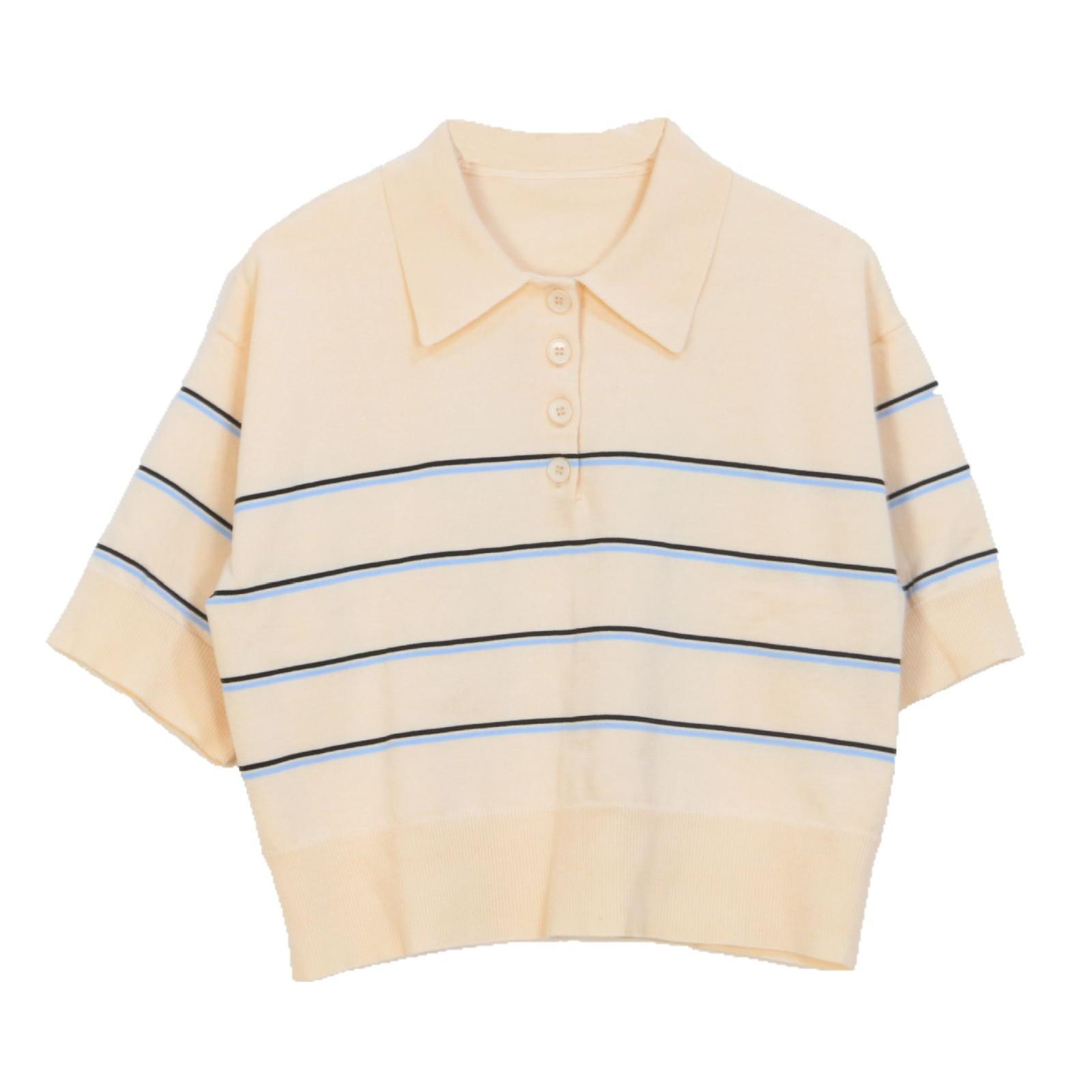 

S Family Women s Striped Casual Top: Spring/Summer New Colorblock Short Sleeve Knitted T-Shirt with Turn-Down Collar M