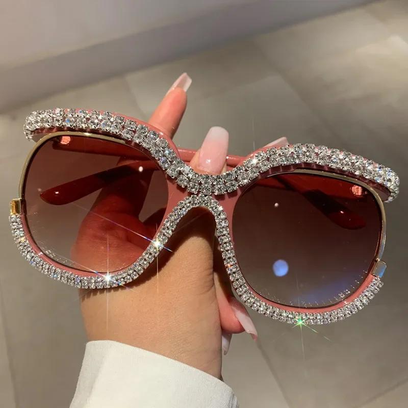 New Style Large Frame Diamond Sunglasses for Girls UV400 Protection Luxury Street Fashion Goggles