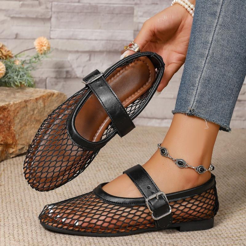 Mesh Flat Shoes Summer New Round Toe Shallow Mouth Breathable Cutout Metal Slip Strap Soft Sole Mary Jane Single Shoes