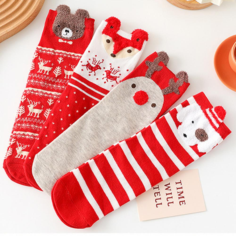 4 Pairs Womens Christmas Socks with Gift Box Elk Happy Funny Plush Socks Elk Christmas Socks for Women Men Holiday Gifts