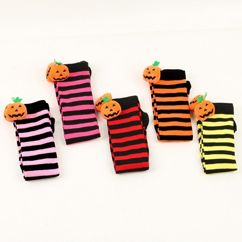 Women Halloween Over Knee Long Socks Cute 3D Wicked Evil Pumpkin Striped Print Thigh High Stockings Holiday Hosiery