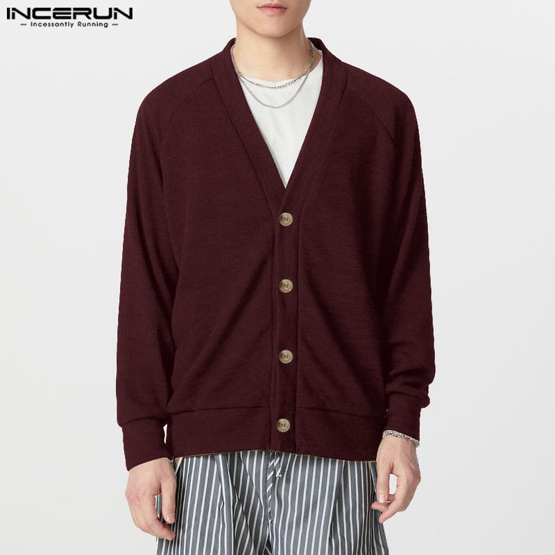 INCERUN Men V Neck Long Sleeve Buttons Up Rib Knit Oversized Cardigan Tops
