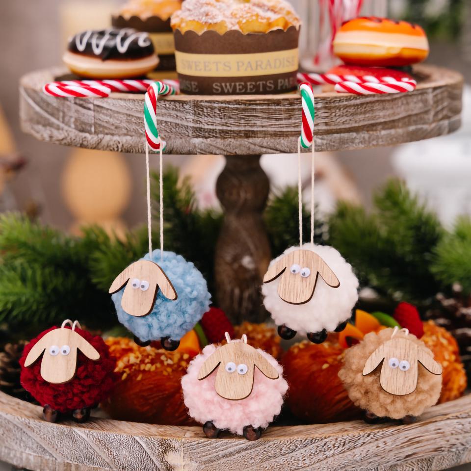 Christmas Tree Pendants Wooden Lamb Sheep Fleece Hanging Ornament Xmas Tree Decoration