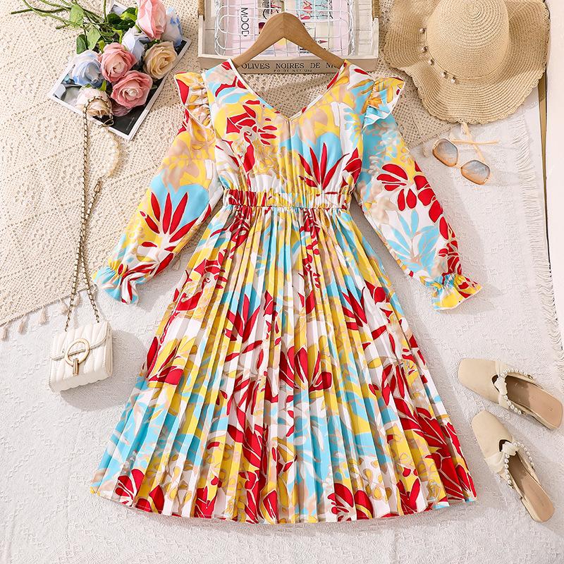 

Платье для девочки с длинными рукавами, с цветочным принтом, детское, повседневное, принцессы, одежда 9Y жёлтый